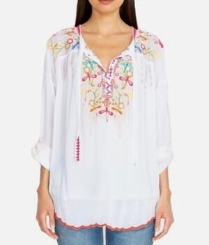 NWT Johnny Was XXL Cupra Dragonfly Embroidered Peasant Top White Boho Maximalist